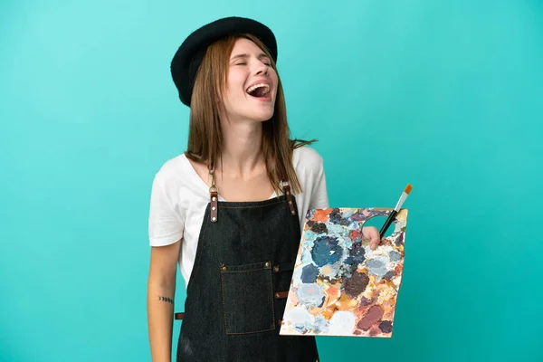 Young Artist English Woman Holding Palette Isolated Blue Background Laughing — Stock Photo, Image