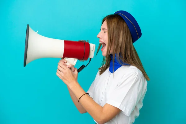 Airplane Stewardess English Woman Isolated Blue Background Shouting Megaphone — ストック写真