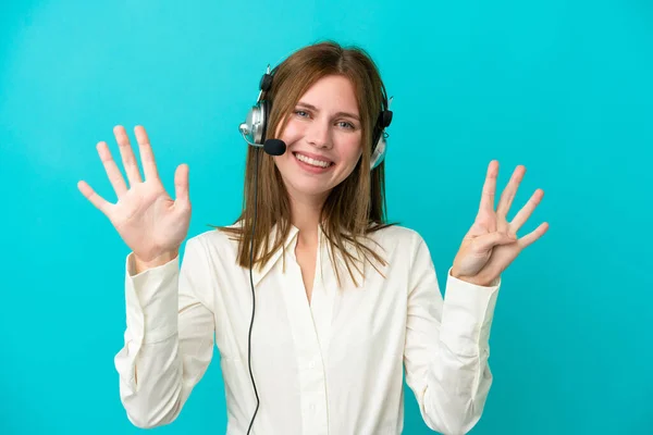 Telemarketer English Woman Working Headset Isolated Blue Background Counting Nine — Stock Photo, Image