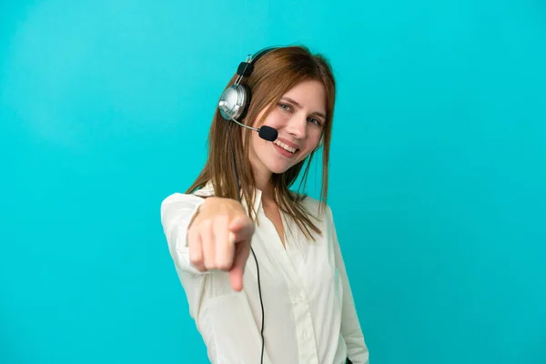 Telemarketer English Woman Working Headset Isolated Blue Background Points Finger — ストック写真