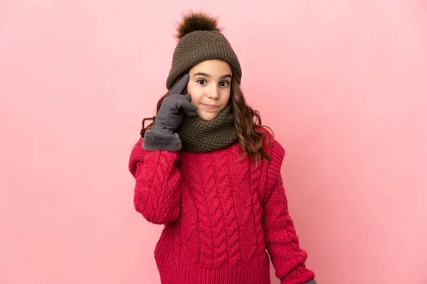 Little Girl Winter Hat Isolated Pink Background Thinking Idea — Fotografia de Stock
