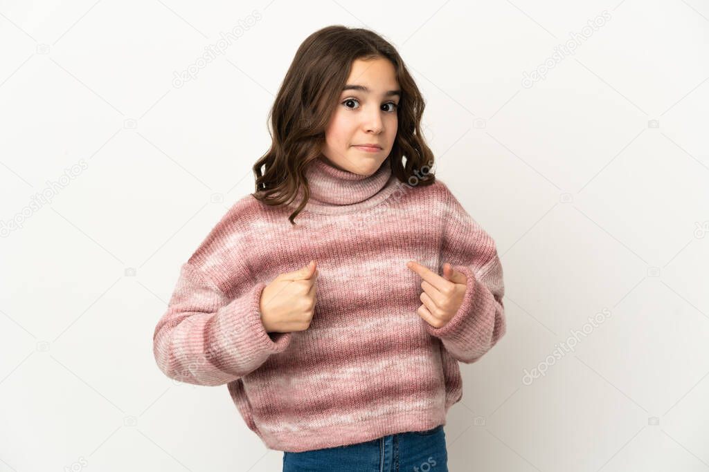 Little caucasian girl isolated on white background pointing to oneself