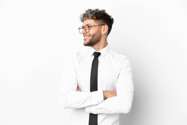 Business caucasian man isolated on white background happy and smiling