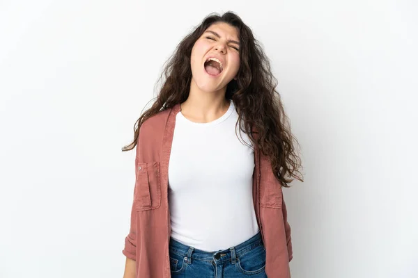 Adolescente Russo Menina Isolada Fundo Branco Gritando Para Frente Com — Fotografia de Stock