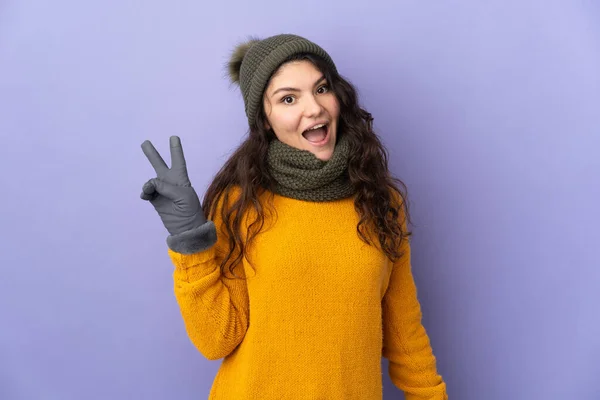 Teenager Russian Girl Winter Hat Isolated Purple Background Smiling Showing — Stok Foto