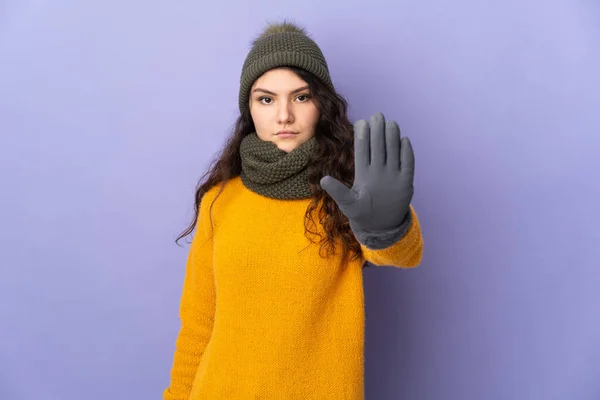 Teenager Russian Girl Winter Hat Isolated Purple Background Making Stop — Stok Foto