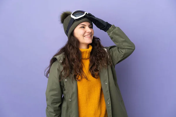 Teenager Russian Girl Snowboarding Glasses Isolated Purple Background Smiling Lot — Stockfoto