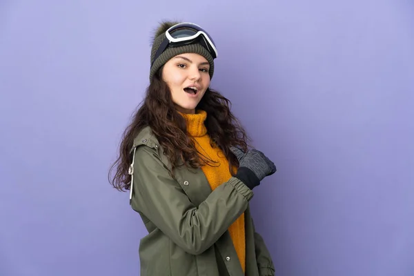 Teenager Russian Girl Snowboarding Glasses Isolated Purple Background Proud Self — Stockfoto