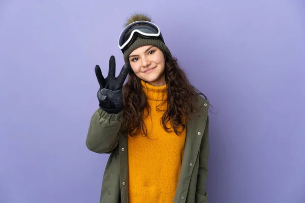 Teenager Russian Girl Snowboarding Glasses Isolated Purple Background Happy Counting — Stockfoto