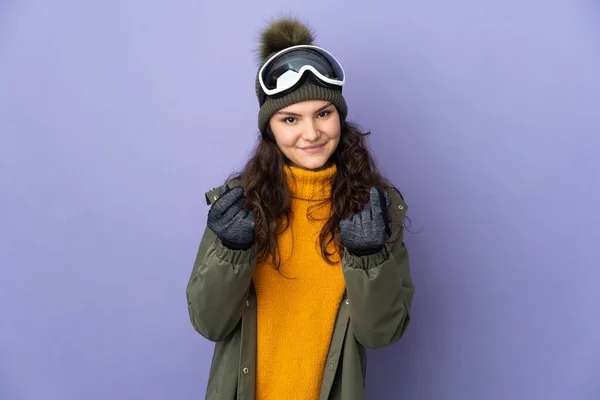 Teenager Russian Girl Snowboarding Glasses Isolated Purple Background Making Money — Stockfoto