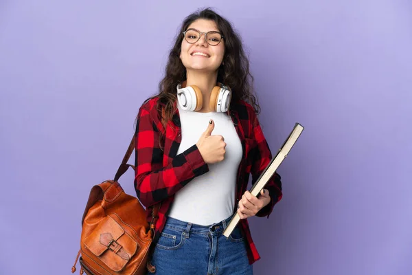 Tiener Student Geïsoleerd Paarse Achtergrond Geven Van Een Duim Omhoog — Stockfoto