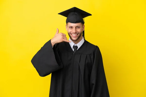 Young University Graduate Caucasian Man Isolated Yellow Background Making Phone — Stok fotoğraf