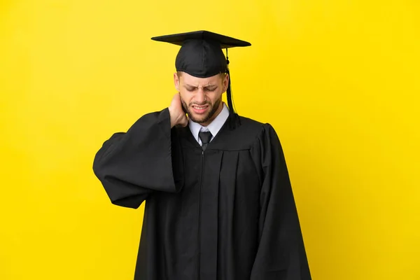 Young University Graduate Caucasian Man Isolated Yellow Background Neckache — Photo