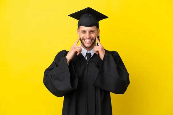 Young University Graduate Caucasian Man Isolated Yellow Background Smiling Happy — Zdjęcie stockowe