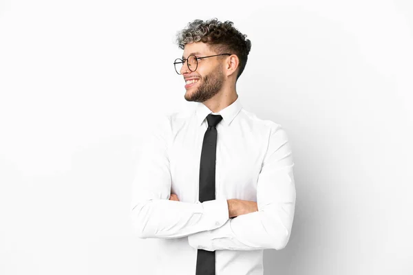 Business Caucasian Man Isolated White Background Happy Smiling — Zdjęcie stockowe