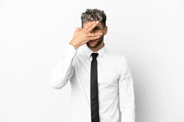 Business Caucasian Man Isolated White Background Covering Eyes Hands Smiling — Stockfoto