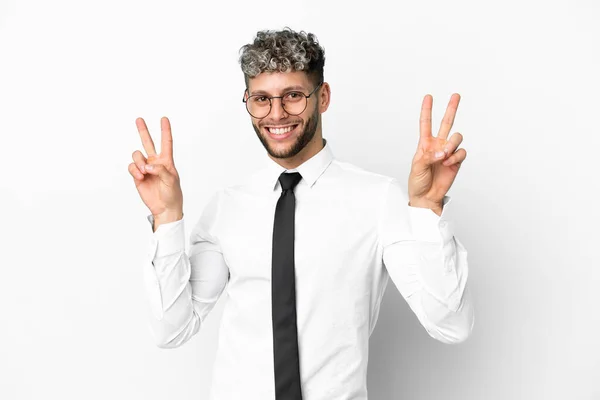 Business Caucasian Man Isolated White Background Showing Victory Sign Both — Stockfoto