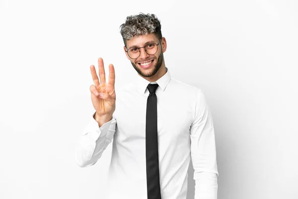 Business Caucasian Man Isolated White Background Happy Counting Three Fingers — Stockfoto