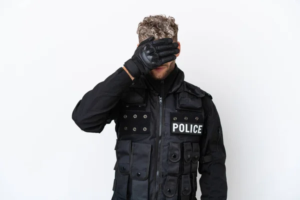 Swat Caucasian Man Isolated White Background Covering Eyes Hands Want — Stok fotoğraf