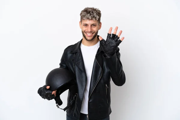 Νεαρός Άνδρας Κράνος Μοτοσικλέτας Απομονώνονται Λευκό Φόντο Μετρώντας Πέντε Δάχτυλα — Φωτογραφία Αρχείου