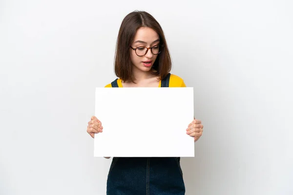 Young Ukrainian Woman Isolated White Background Holding Empty Placard Looking — Stock fotografie