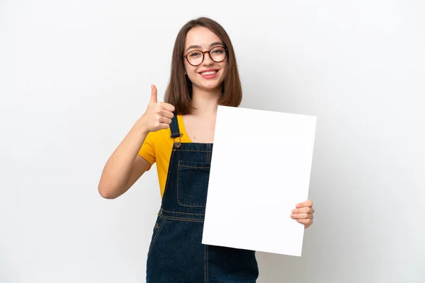 Young Ukrainian Woman Isolated White Background Holding Empty Placard Thumb — Stockfoto