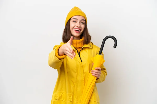 Young Ukrainian Woman Rainproof Coat Umbrella Isolated White Background Shaking — Stok fotoğraf