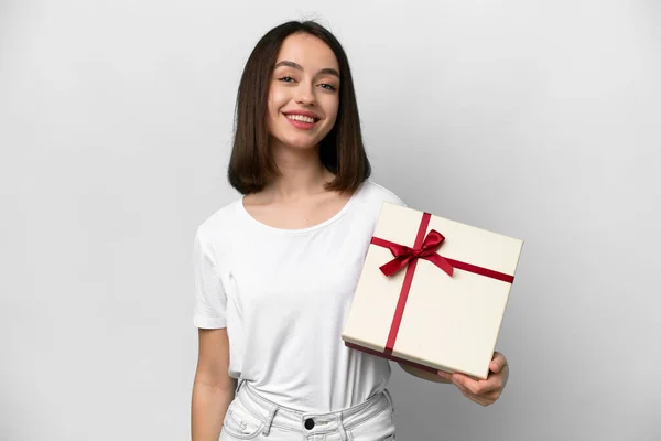 Young Ukrainian Woman Holding Gift Isolated White Background Smiling Lot — 스톡 사진