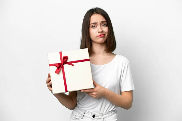 Young Ukrainian Woman Holding Gift Isolated White Background Sad Expression — 스톡 사진