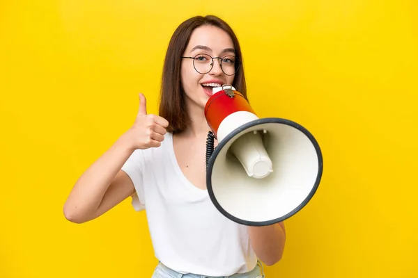 Young Ukrainian Woman Isolated Yellow Background Shouting Megaphone Announce Something —  Fotos de Stock