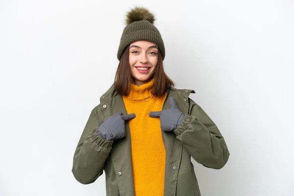 Young Ukrainian Woman Wearing Winter Jacket Isolated White Background Surprise — 스톡 사진