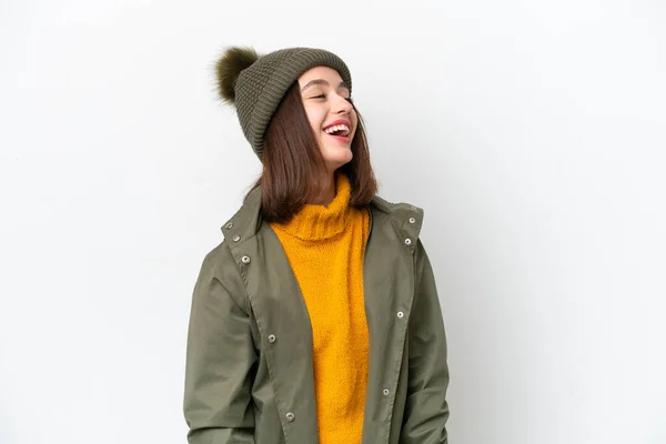 Young Ukrainian Woman Wearing Winter Jacket Isolated White Background Laughing — Stock fotografie