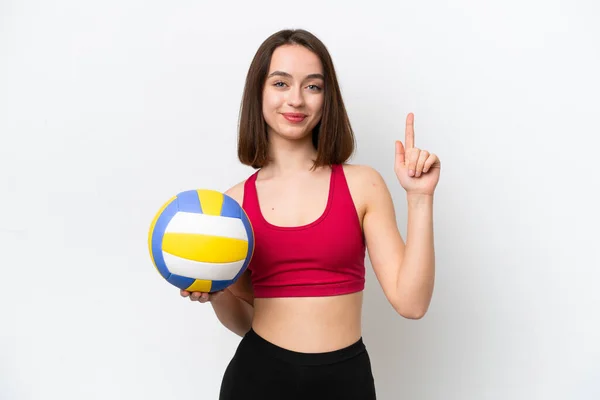 Junge Ukrainerin Spielt Auf Weißem Hintergrund Isoliert Volleyball Und Zeigt — Stockfoto