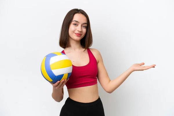 Young Ukrainian Woman Playing Volleyball Isolated White Background Extending Hands — Stockfoto