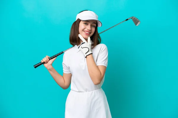 Giovane Giocatore Golf Ucraino Donna Isolato Sfondo Blu Felice Sorridente — Foto Stock