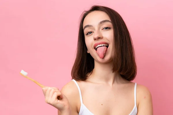 Young Ukrainian Woman Isolated Pink Background Toothbrush Surprised Expression — Fotografia de Stock