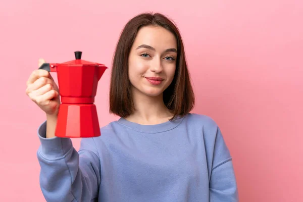 Young Ukrainian Woman Holding Coffee Pot Isolated Pink Background Happy — Fotografia de Stock