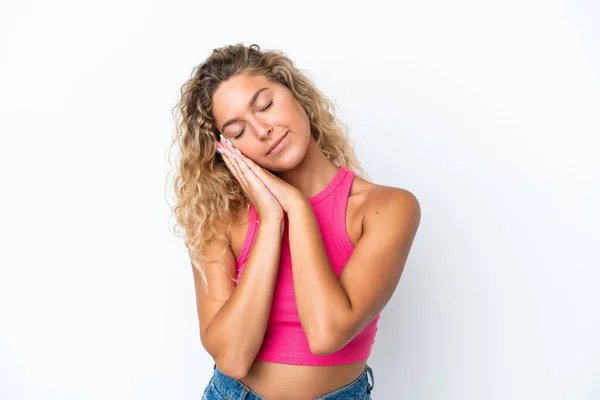 Girl Curly Hair Isolated White Background Making Sleep Gesture Dorable — Stockfoto