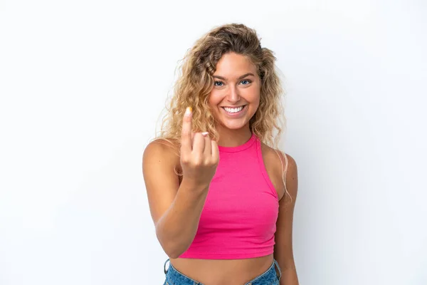 Girl Curly Hair Isolated White Background Doing Coming Gesture — Fotografia de Stock