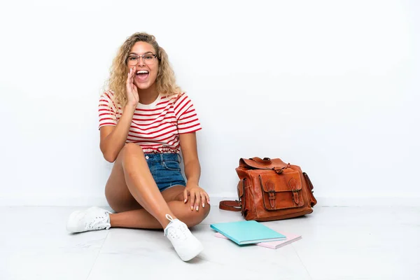Young Student Woman Sitting One Floor Shouting Mouth Wide Open — Foto Stock