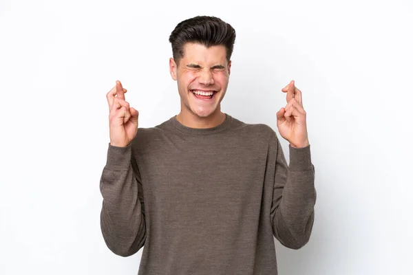 Jonge Knappe Blanke Man Geïsoleerd Witte Bakcground Met Vingers Kruisen — Stockfoto