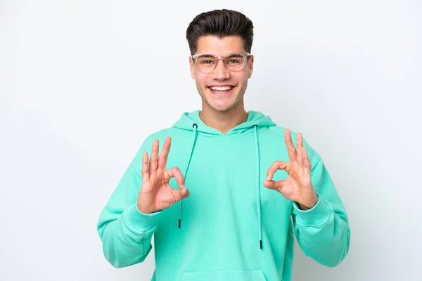 Young Handsome Caucasian Man Isolated White Bakcground Showing Sign Two — Stockfoto