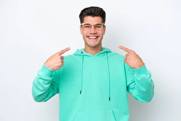 Young Handsome Caucasian Man Isolated White Bakcground Giving Thumbs Gesture — Stock Photo, Image