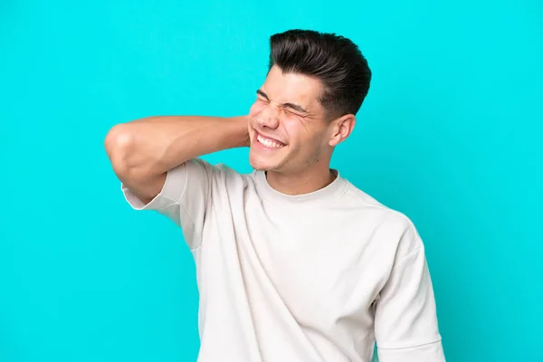 Young Handsome Caucasian Man Isolated Blue Bakcground Neckache — Stock Fotó