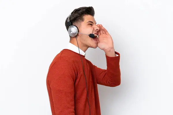 Telemarketer Caucasian Man Working Headset Isolated White Background Shouting Mouth — 스톡 사진