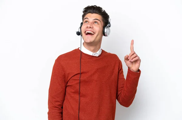 Telemarketer Caucasian Man Working Headset Isolated White Background Pointing Surprised — Stockfoto