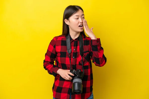 Young Photographer Chinese Woman Isolated Yellow Background Yawning Covering Wide —  Fotos de Stock