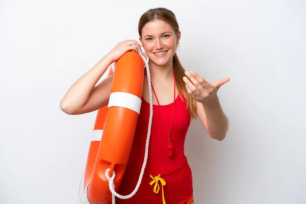 Young Caucasian Woman Isolated White Background Lifeguard Equipment Inviting Come — Foto Stock