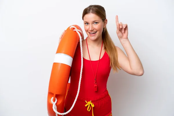 Young Caucasian Woman Isolated White Background Lifeguard Equipment Pointing Great — Fotografia de Stock