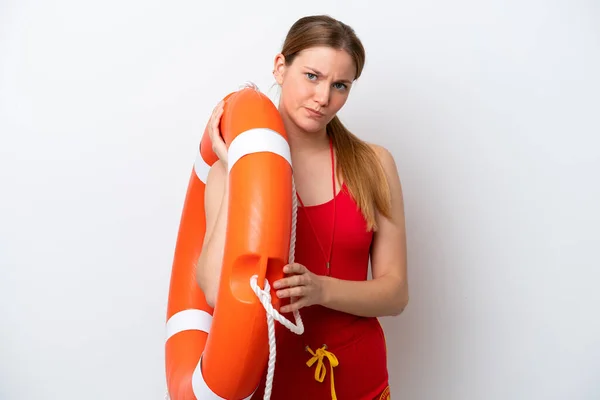 Young Caucasian Woman Isolated White Background Lifeguard Equipment Sad Expression — ストック写真